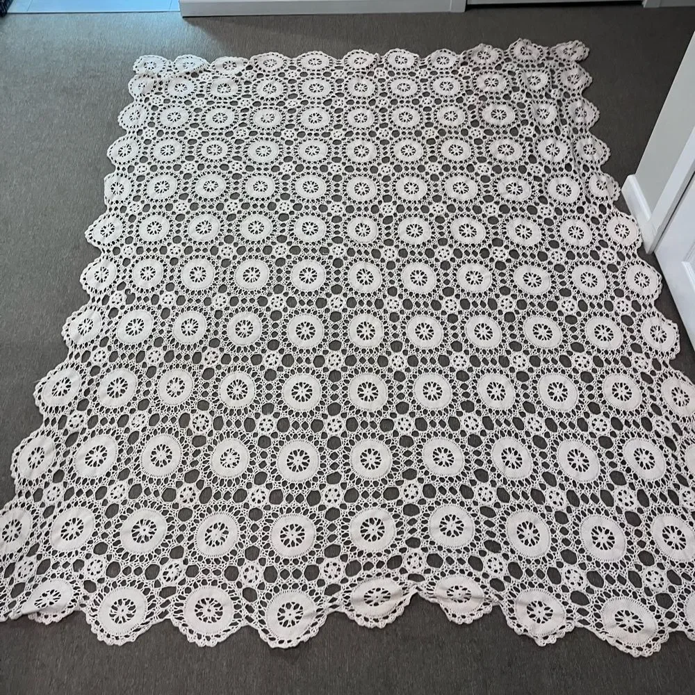 Vintage Hand Crocheted Grandma's Tablecloth, Cotton Handmade White 73x83